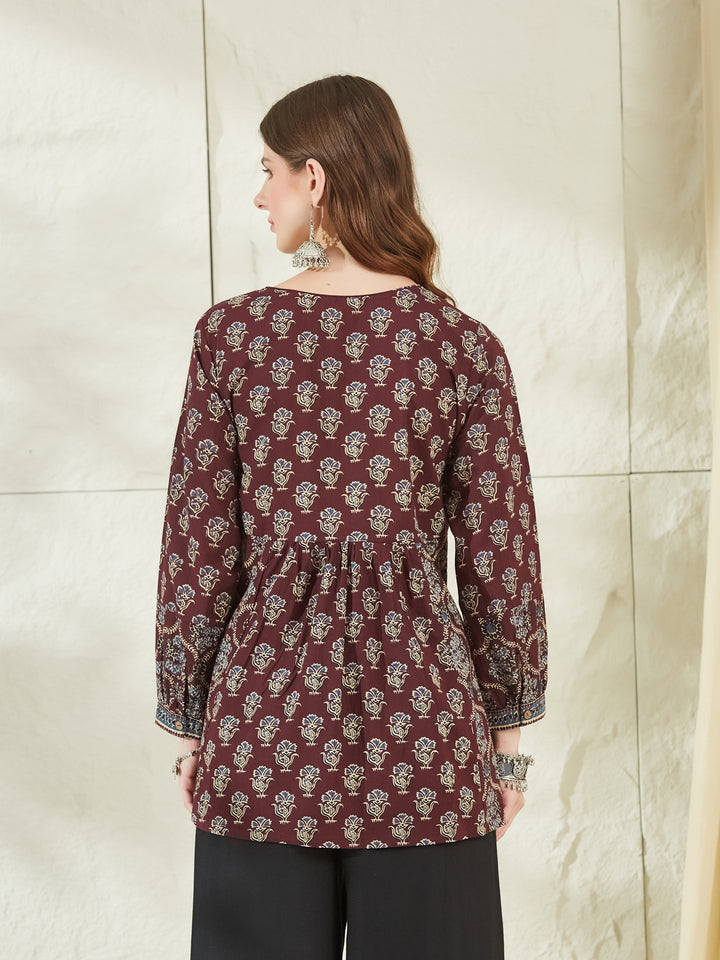 Divena Wine Color Cotton Peplum Top