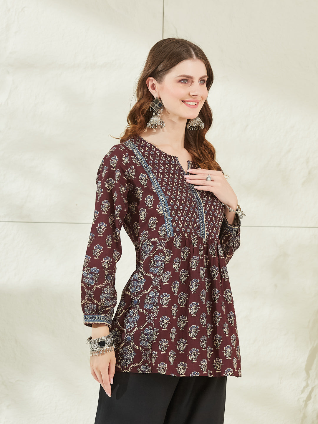Divena Wine Color Cotton Peplum Top