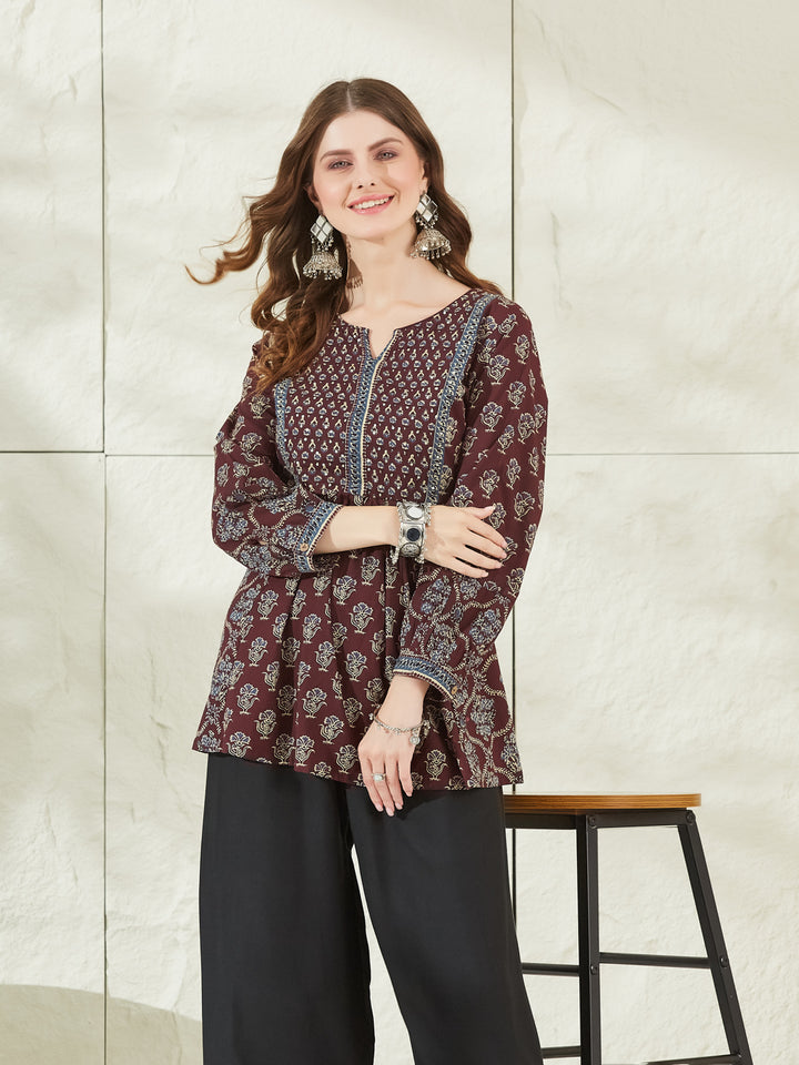 Divena Wine Color Cotton Peplum Top