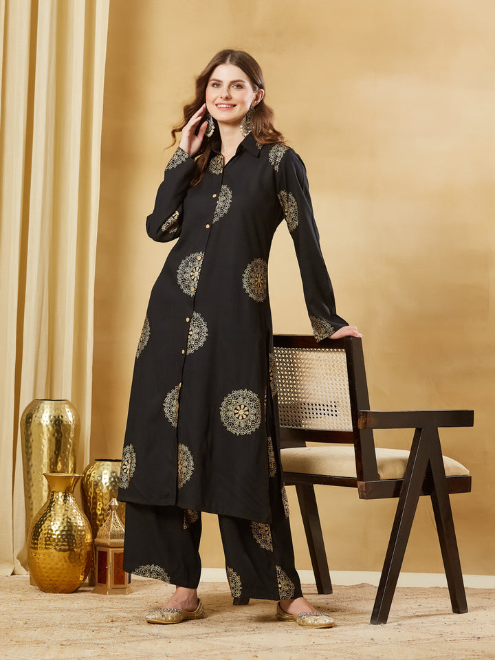 Divena Black Rayon Foil Print Kurta Palazzo Sets