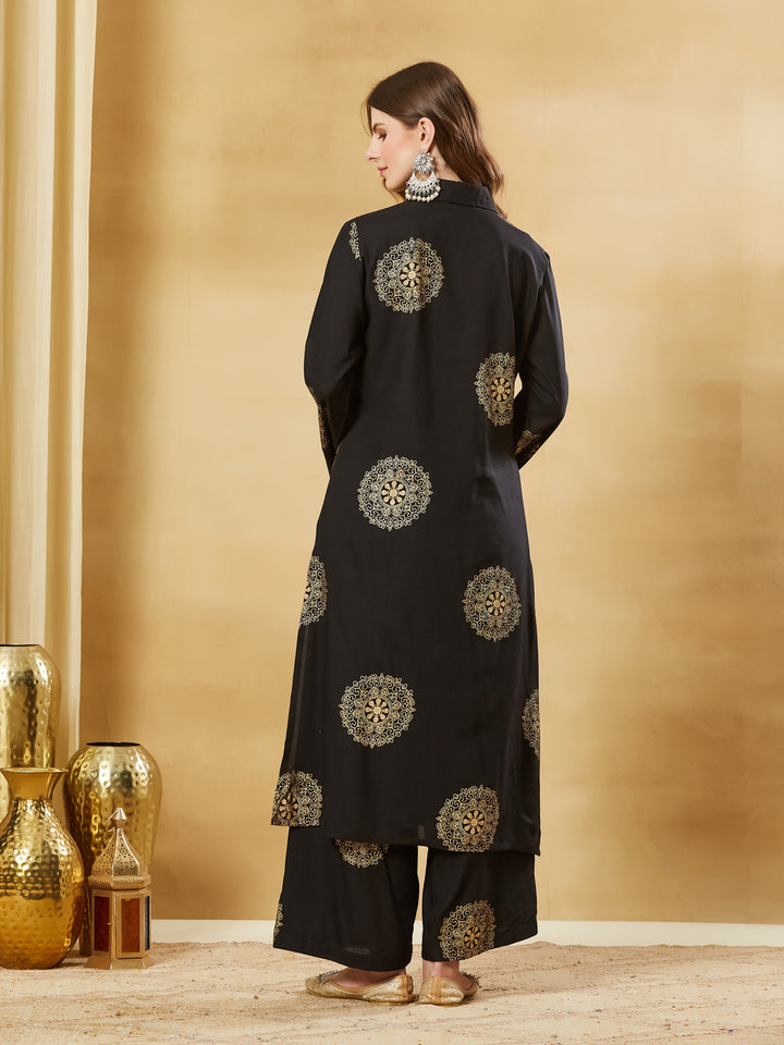 Divena Black Rayon Foil Print Kurta Palazzo Sets