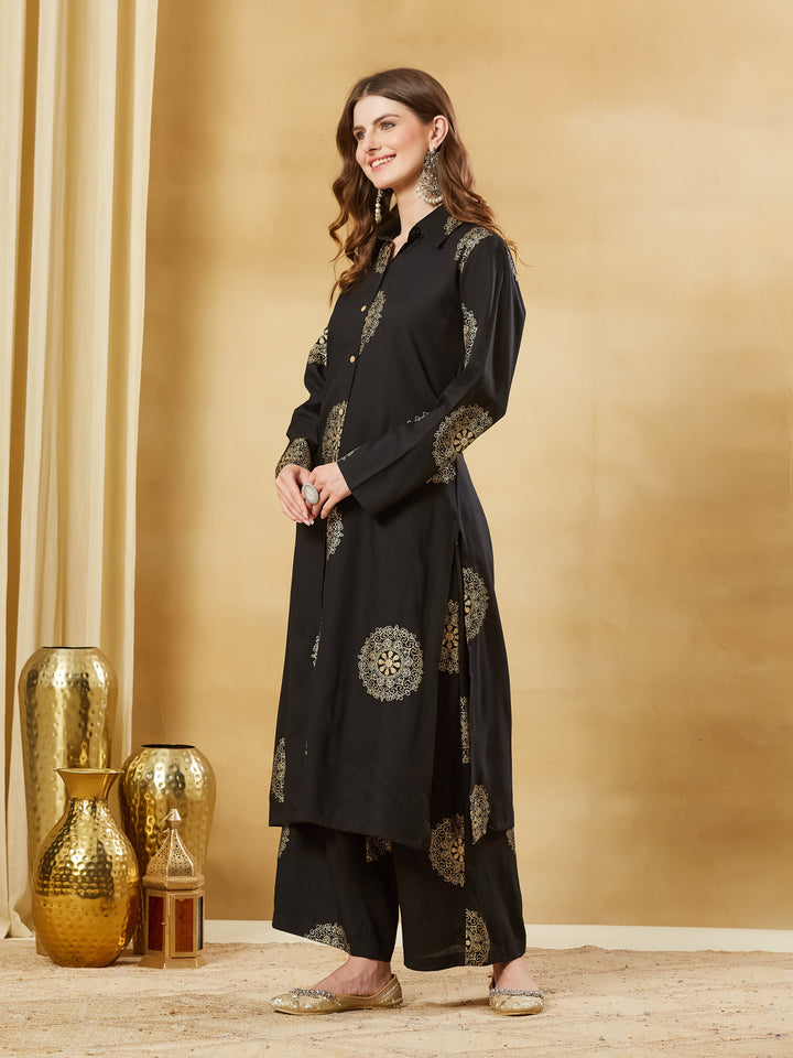 Divena Black Rayon Foil Print Kurta Palazzo Sets