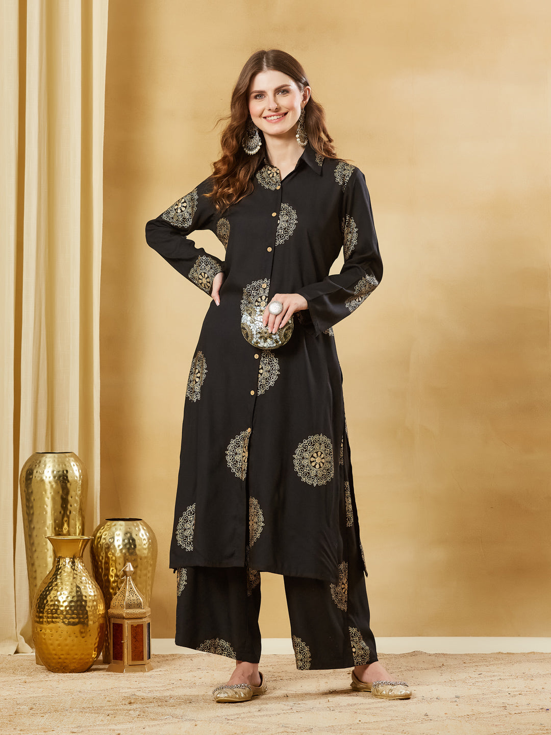 Divena Black Rayon Foil Print Kurta Palazzo Sets