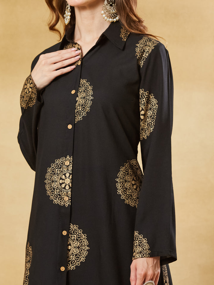 Divena Black Rayon Foil Print Kurta Palazzo Sets