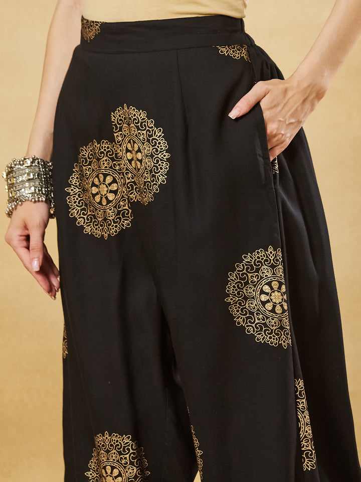 Divena Black Rayon Foil Print Kurta Palazzo Sets