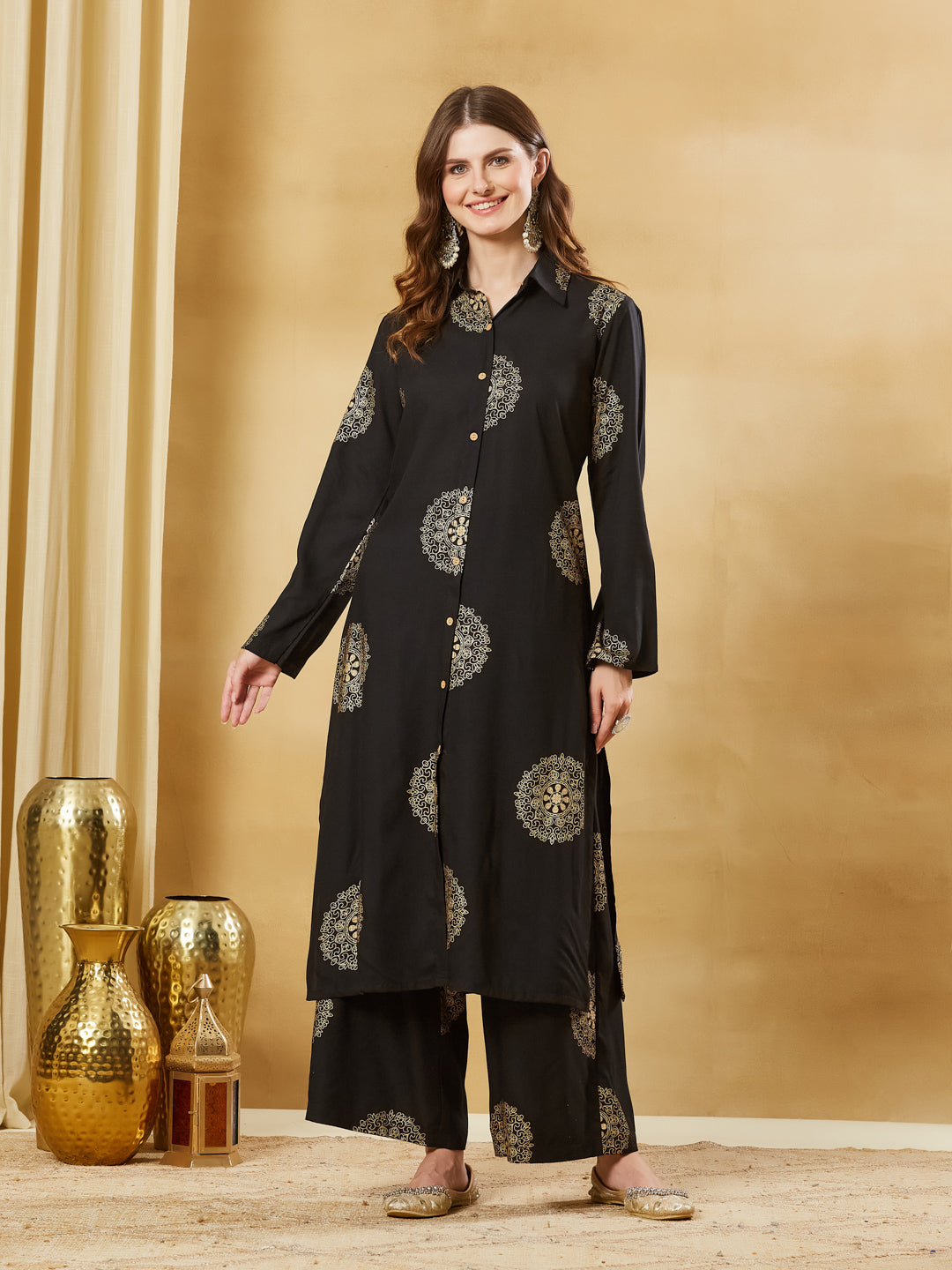 Divena Black Rayon Foil Print Kurta Palazzo Sets