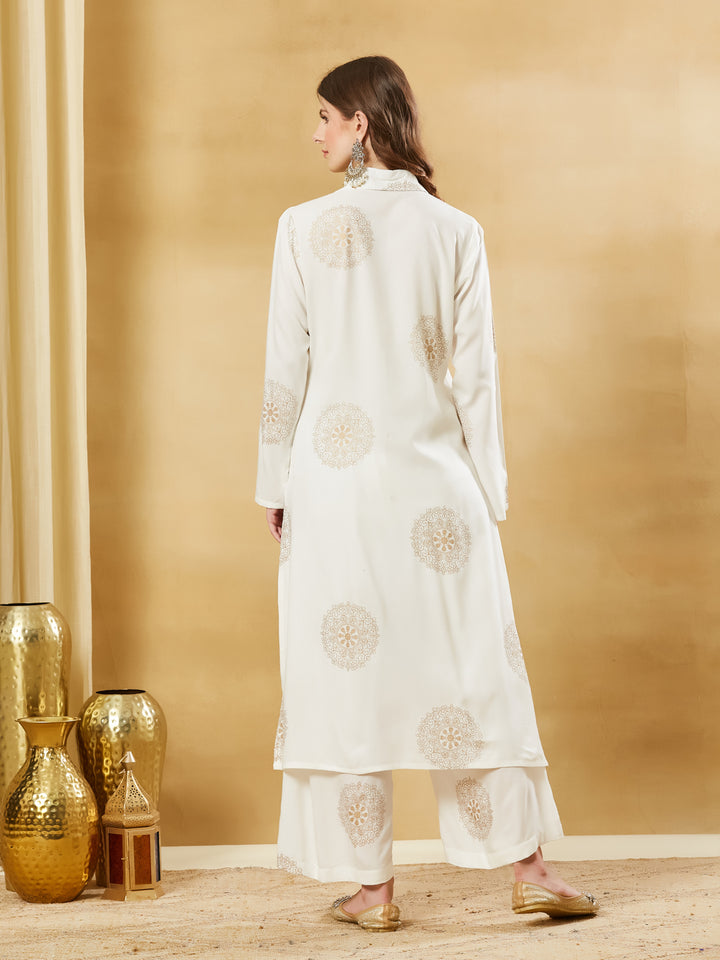 Divena White Rayon Foil Print Kurta Palazzo Sets