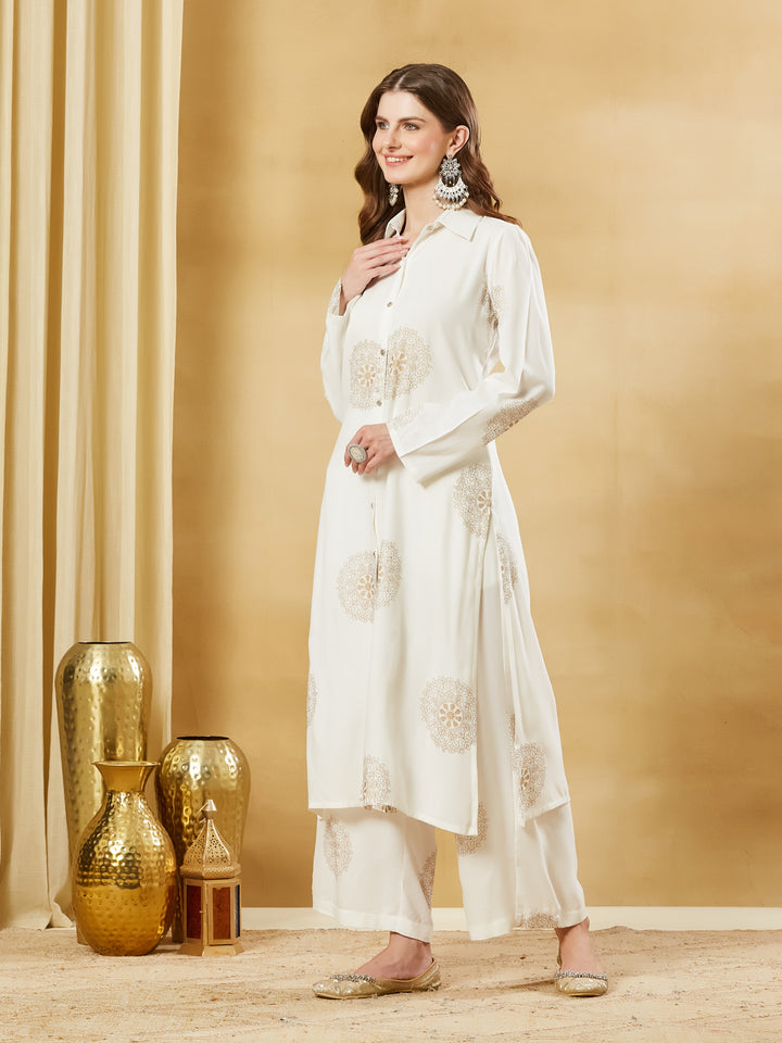 Divena White Rayon Foil Print Kurta Palazzo Sets