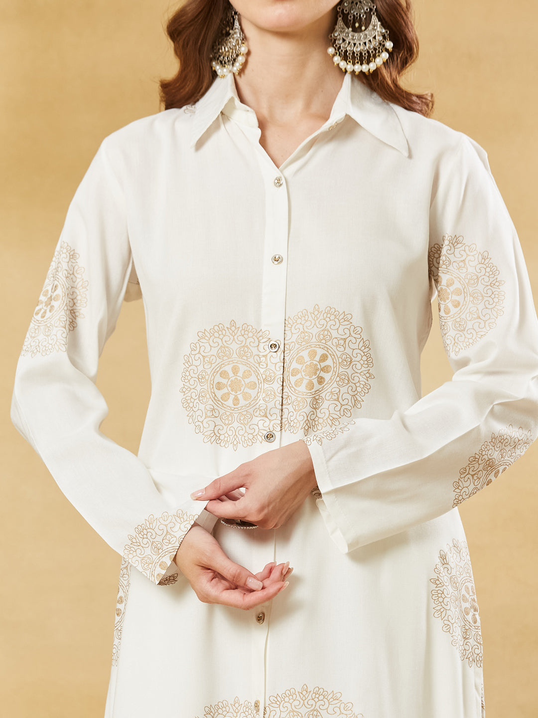 Divena White Rayon Foil Print Kurta Palazzo Sets