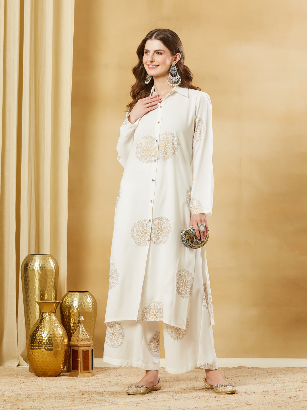 Divena White Rayon Foil Print Kurta Palazzo Sets