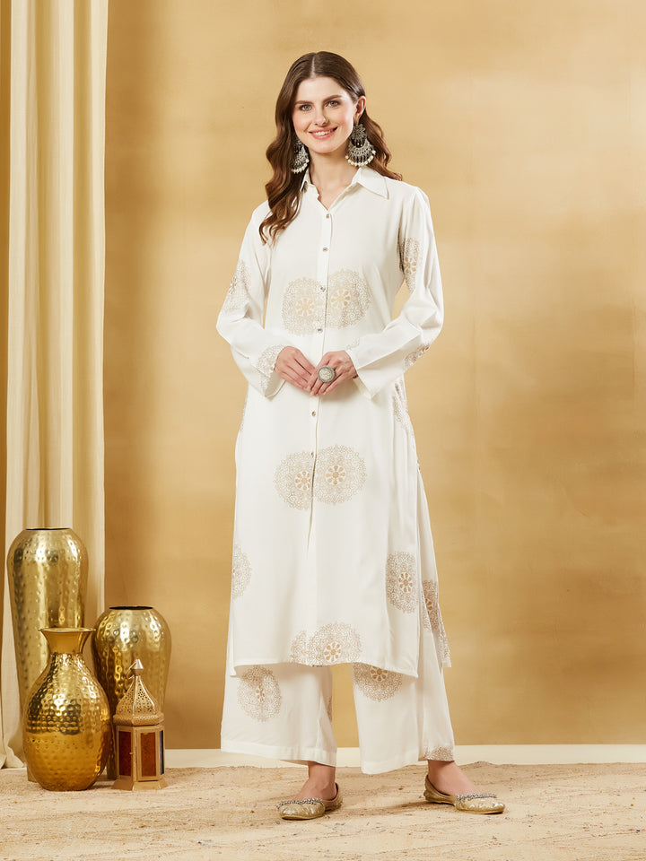 Divena White Rayon Foil Print Kurta Palazzo Sets