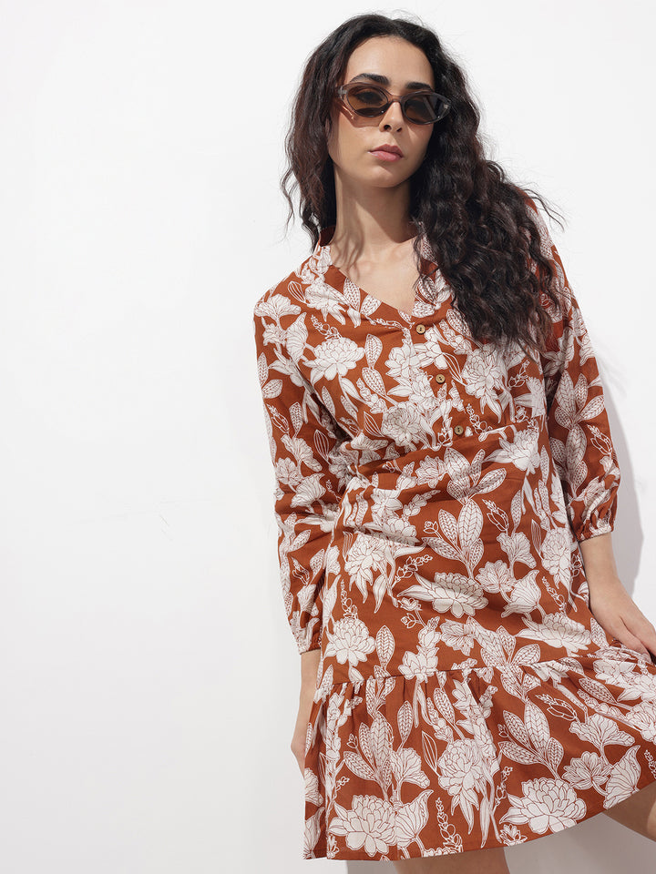 Divena Orange Mandarin Collar Cotton Midi Dress