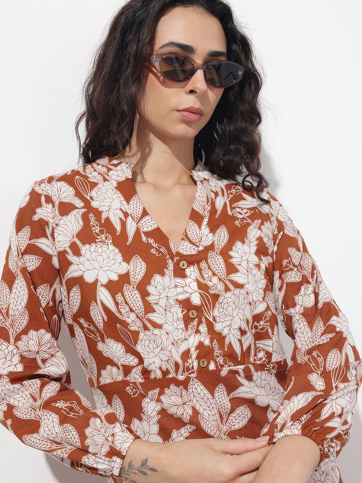 Divena Orange Mandarin Collar Cotton Midi Dress