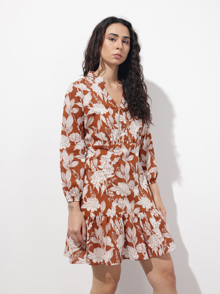 Divena Orange Mandarin Collar Cotton Midi Dress