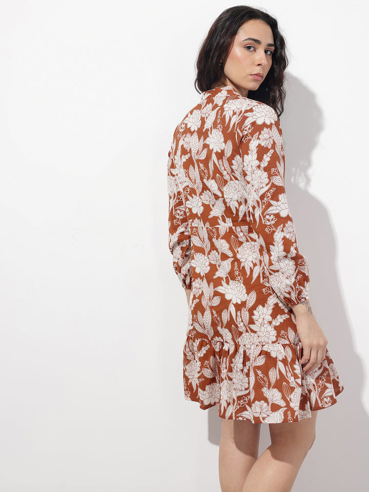 Divena Orange Mandarin Collar Cotton Midi Dress