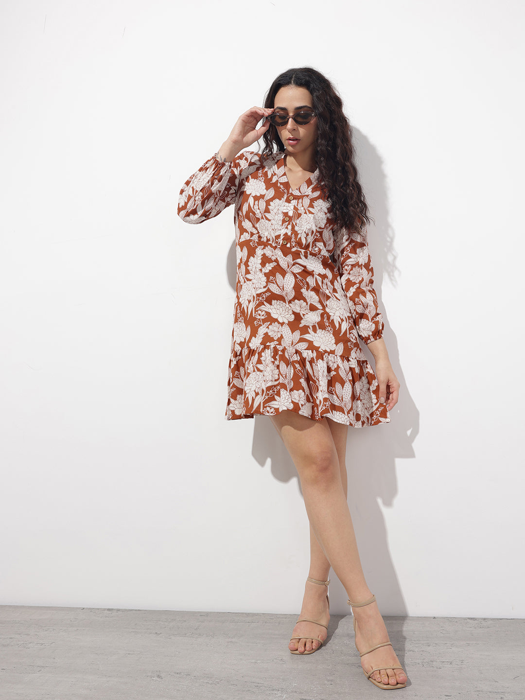 Divena Orange Mandarin Collar Cotton Midi Dress