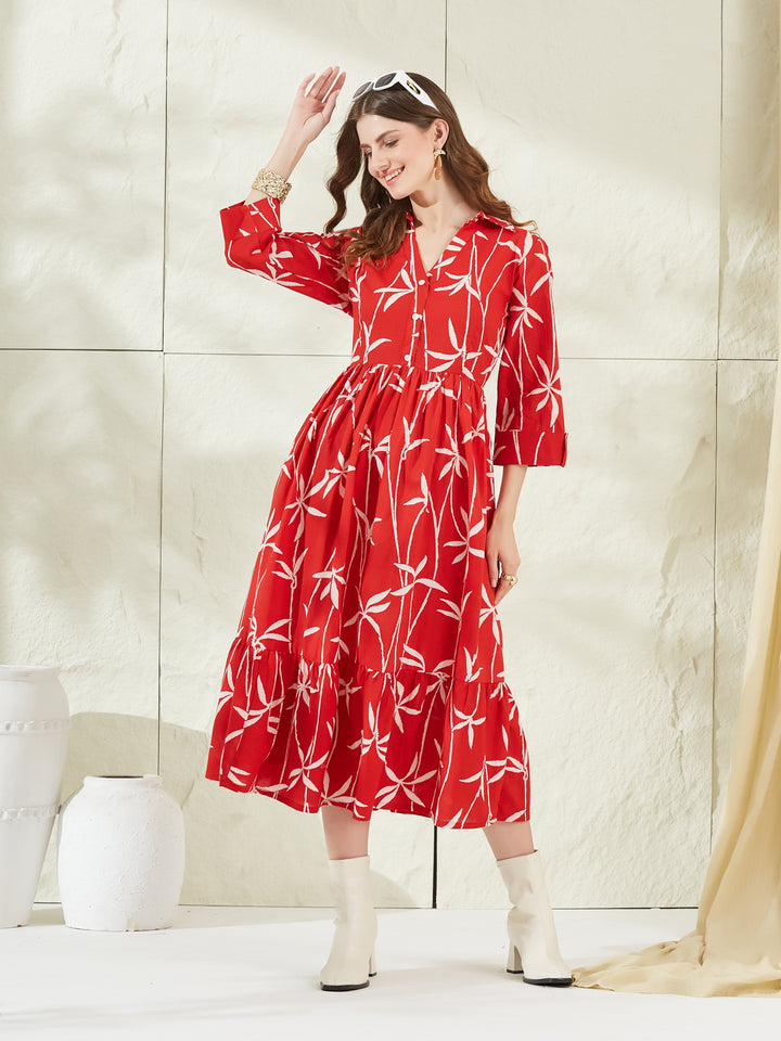 Divena Red Cotton Shirt Coller Midi Dress