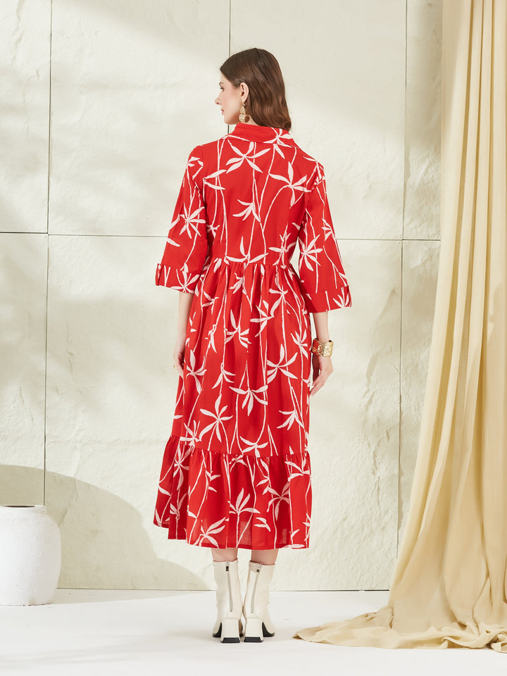 Divena Red Cotton Shirt Coller Midi Dress