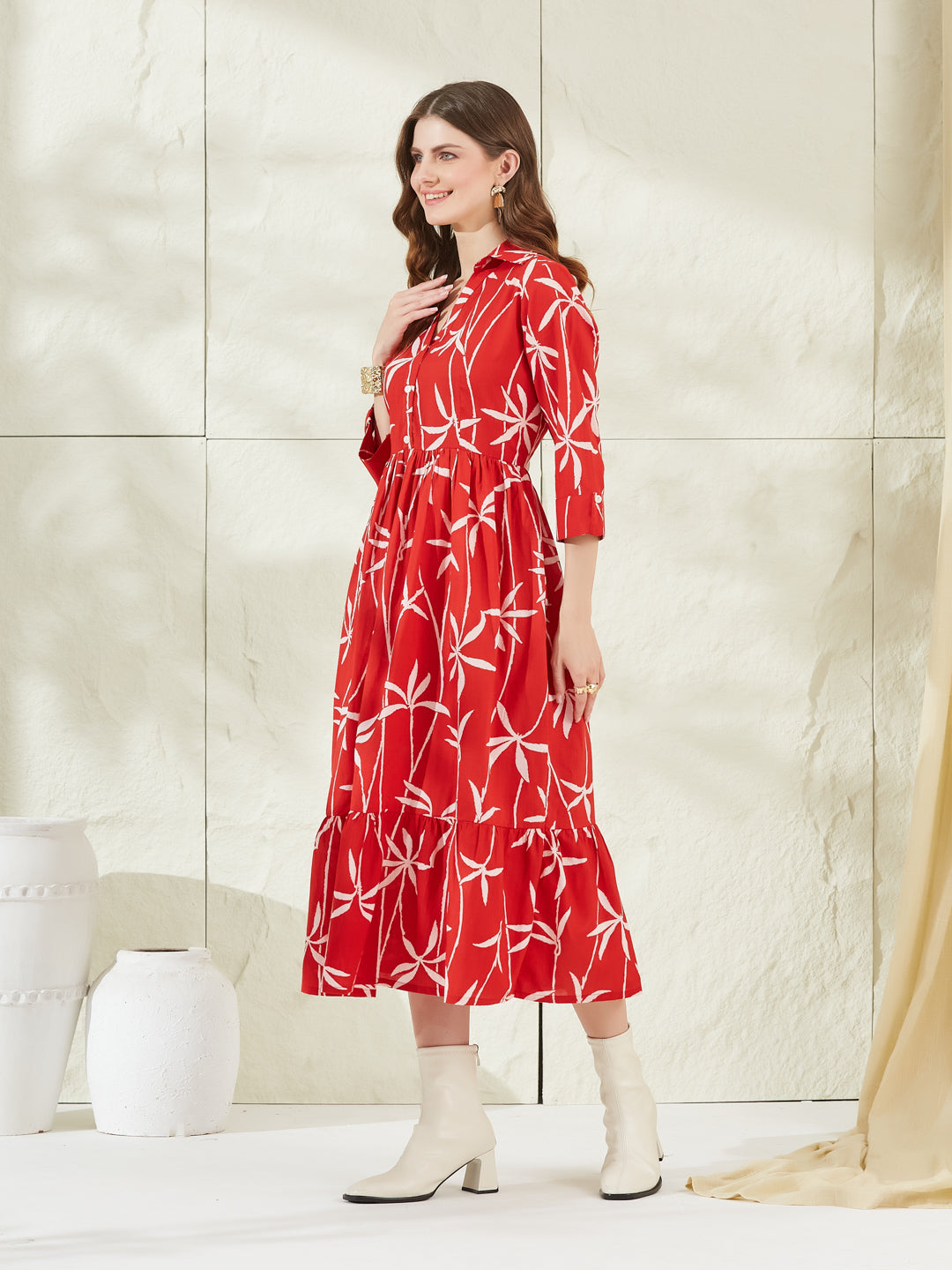 Divena Red Cotton Shirt Coller Midi Dress