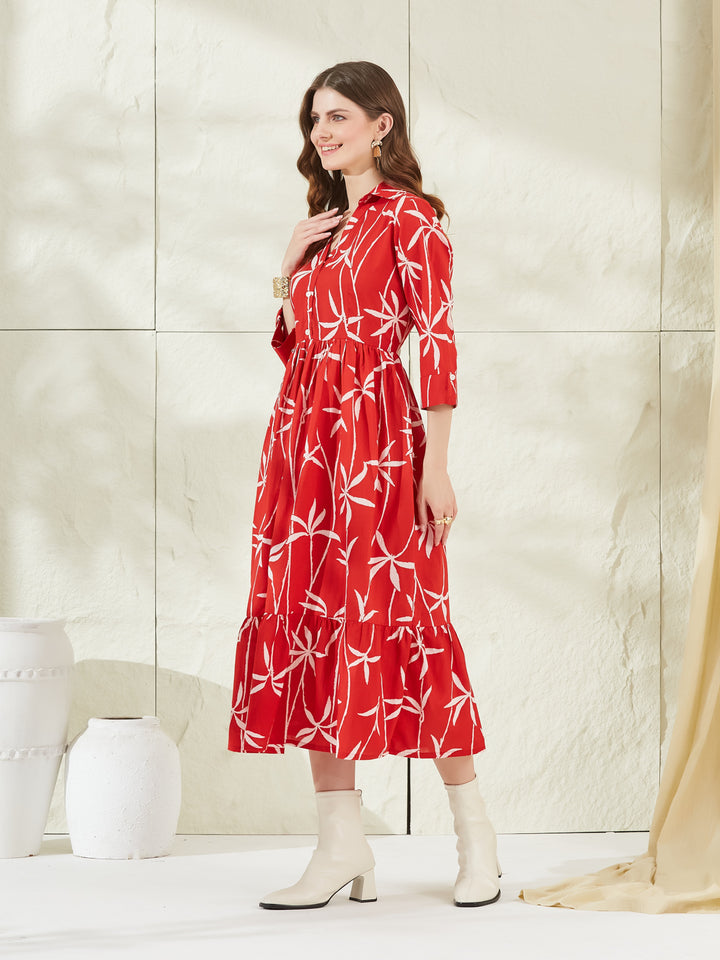 Divena Red Cotton Shirt Coller Midi Dress