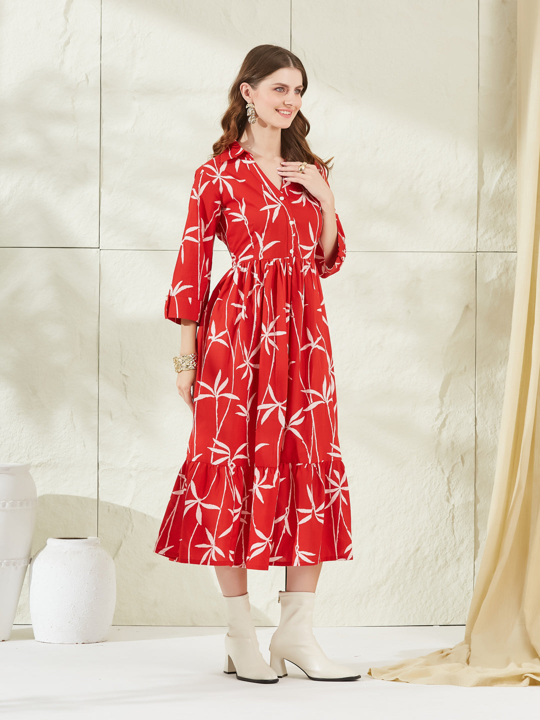 Divena Red Cotton Shirt Coller Midi Dress