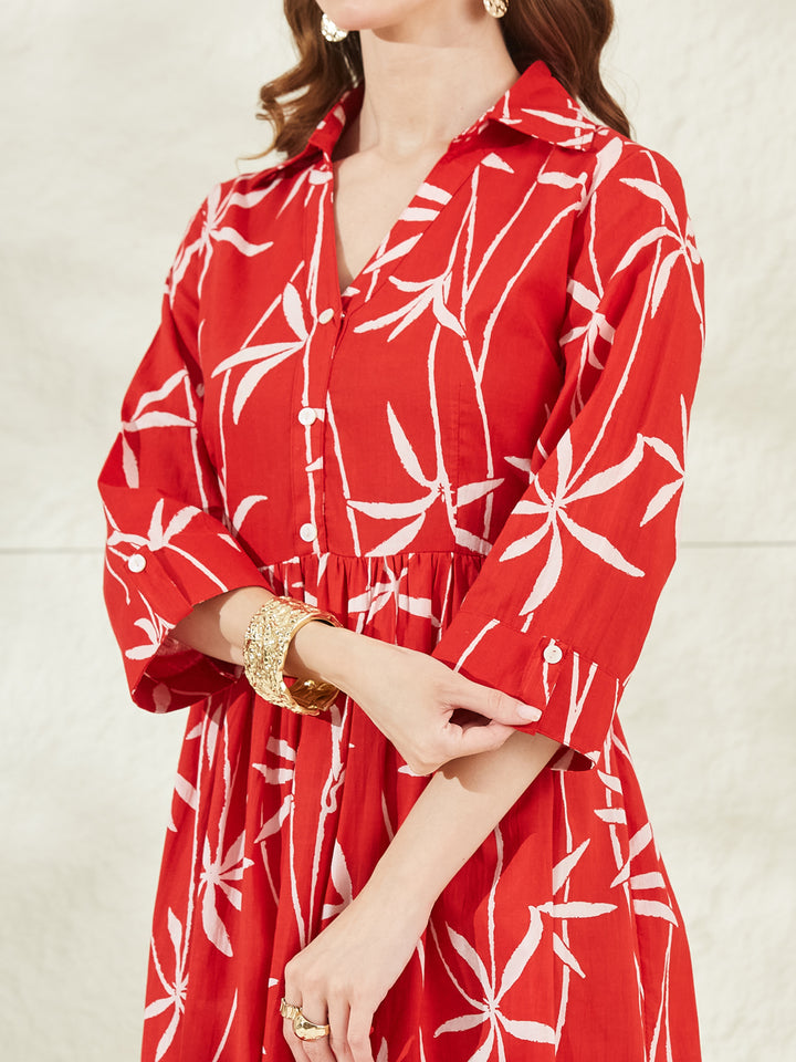 Divena Red Cotton Shirt Coller Midi Dress