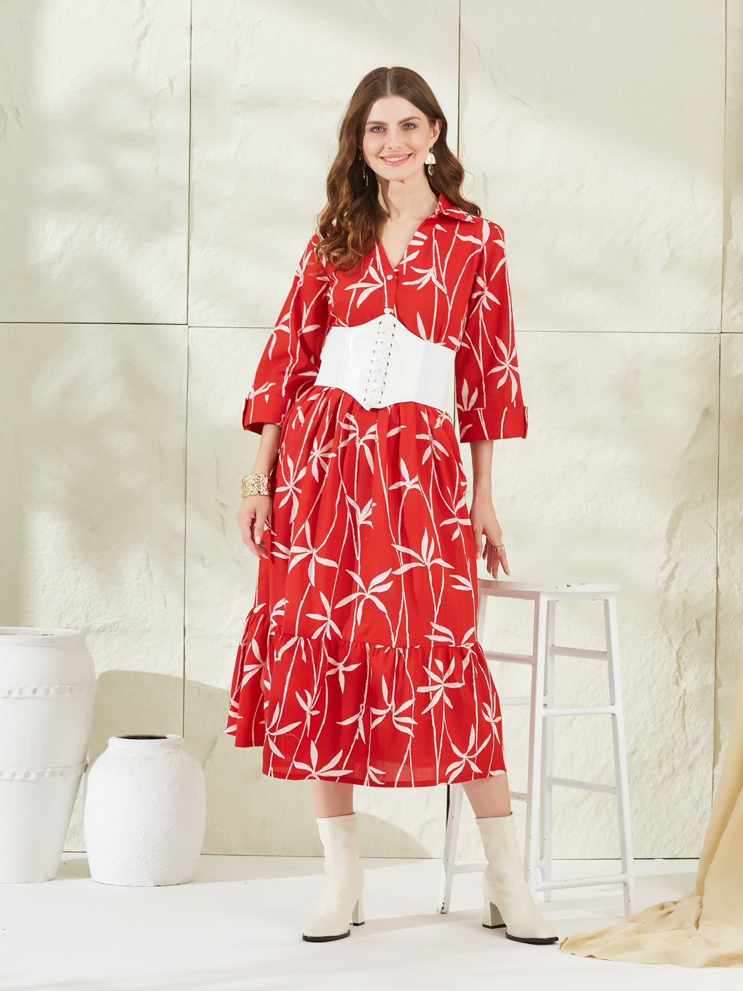 Divena Red Cotton Shirt Coller Midi Dress