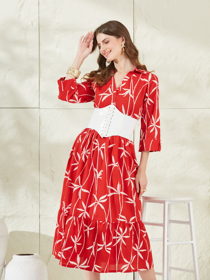 Divena Red Cotton Shirt Coller Midi Dress