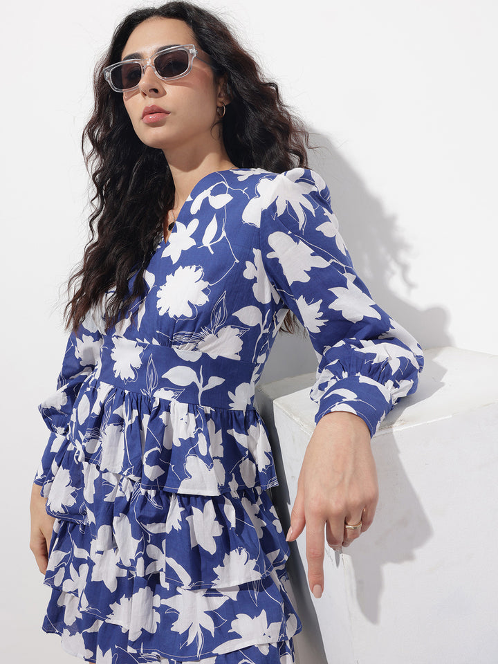 Divena Blue V-Neck Cotton Midi Dress