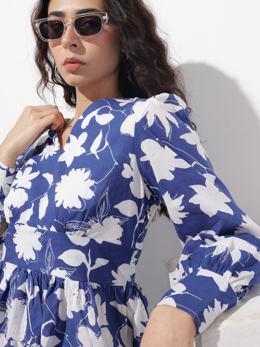 Divena Blue V-Neck Cotton Midi Dress