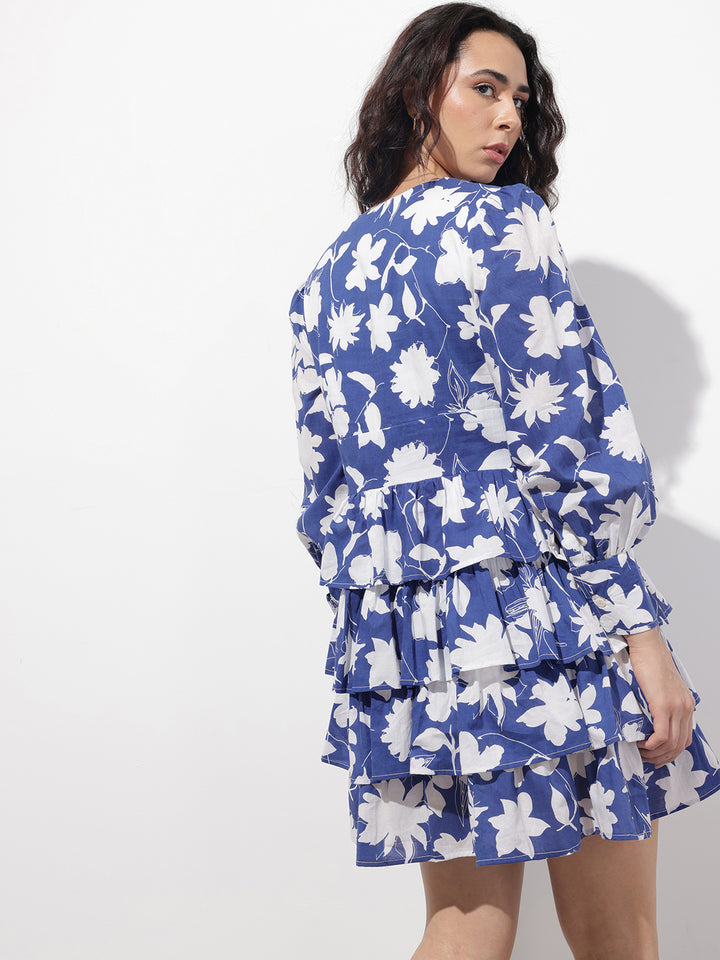 Divena Blue V-Neck Cotton Midi Dress