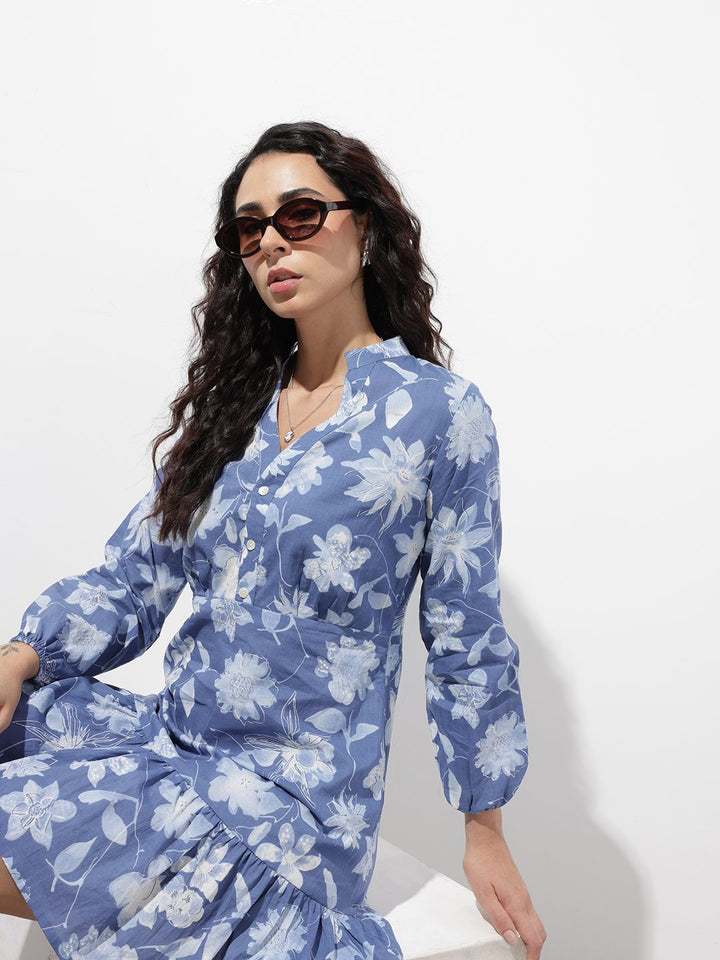 Divena Blue Mandarin Collar Cotton Midi Dress