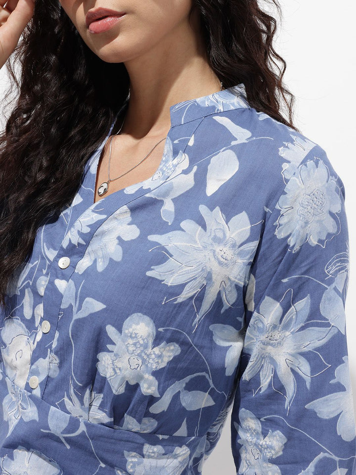 Divena Blue Mandarin Collar Cotton Midi Dress