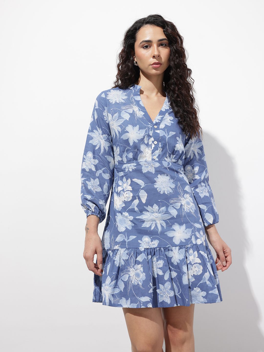 Divena Blue Mandarin Collar Cotton Midi Dress