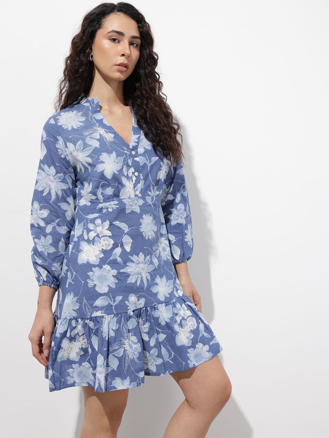 Divena Blue Mandarin Collar Cotton Midi Dress