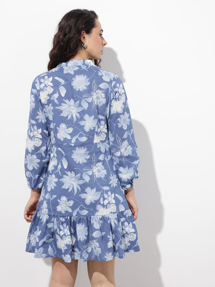 Divena Blue Mandarin Collar Cotton Midi Dress