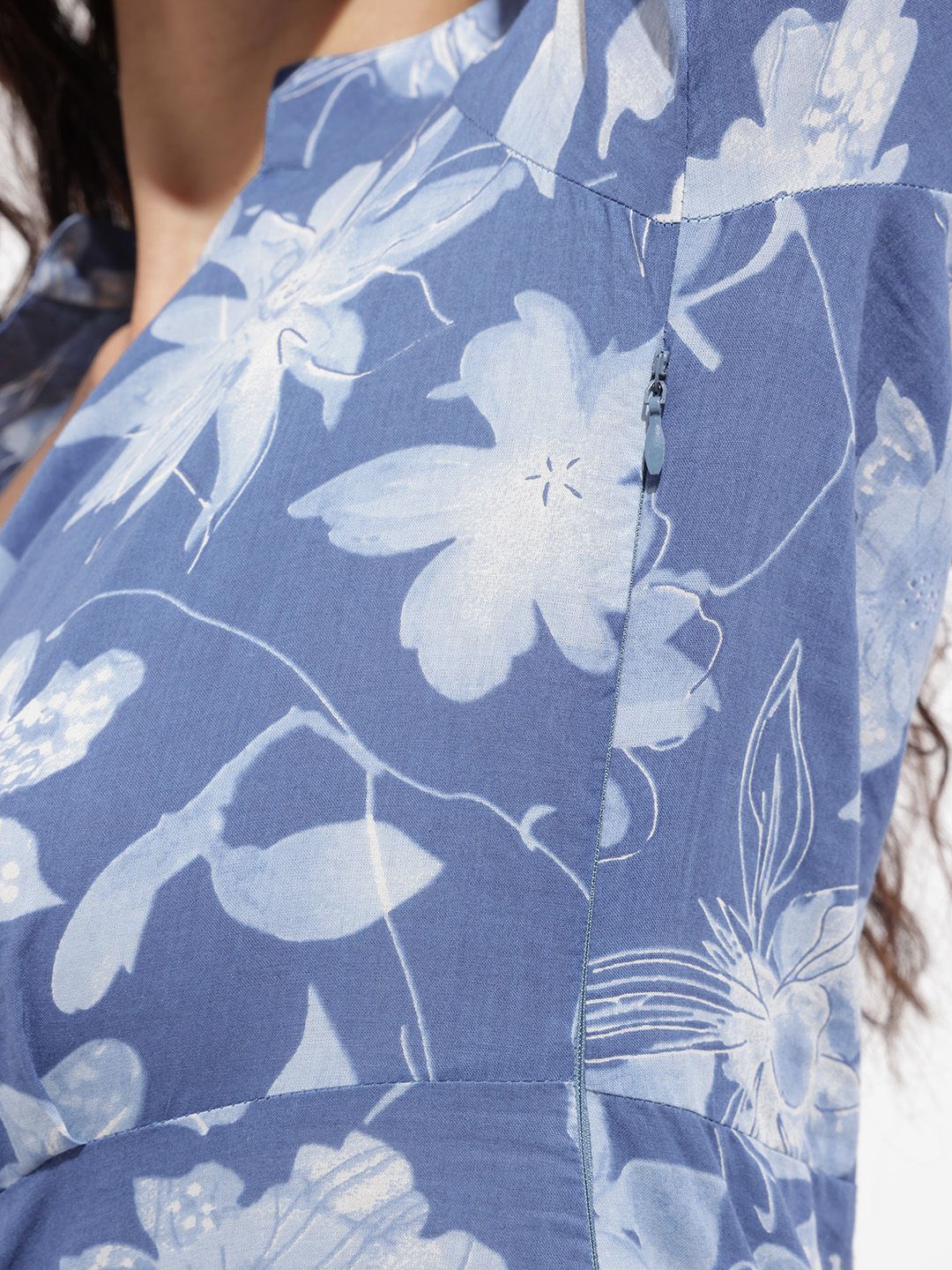 Divena Blue Mandarin Collar Cotton Midi Dress