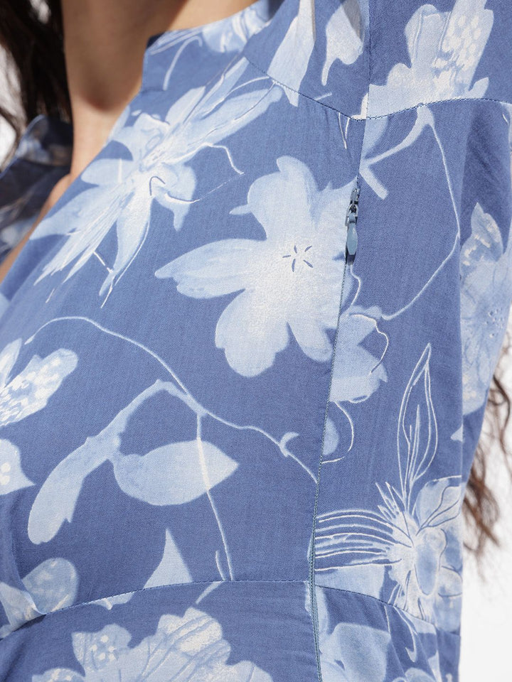 Divena Blue Mandarin Collar Cotton Midi Dress