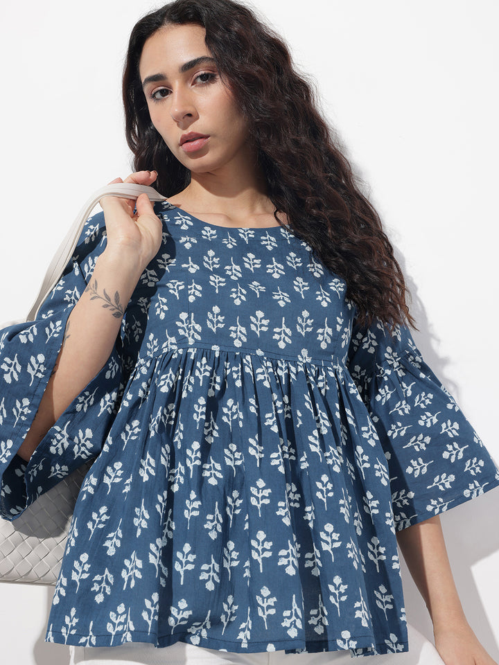 Divena Blue Floral Round Neck Peplum Top