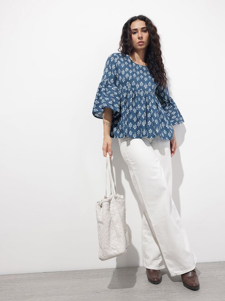 Divena Blue Floral Round Neck Peplum Top