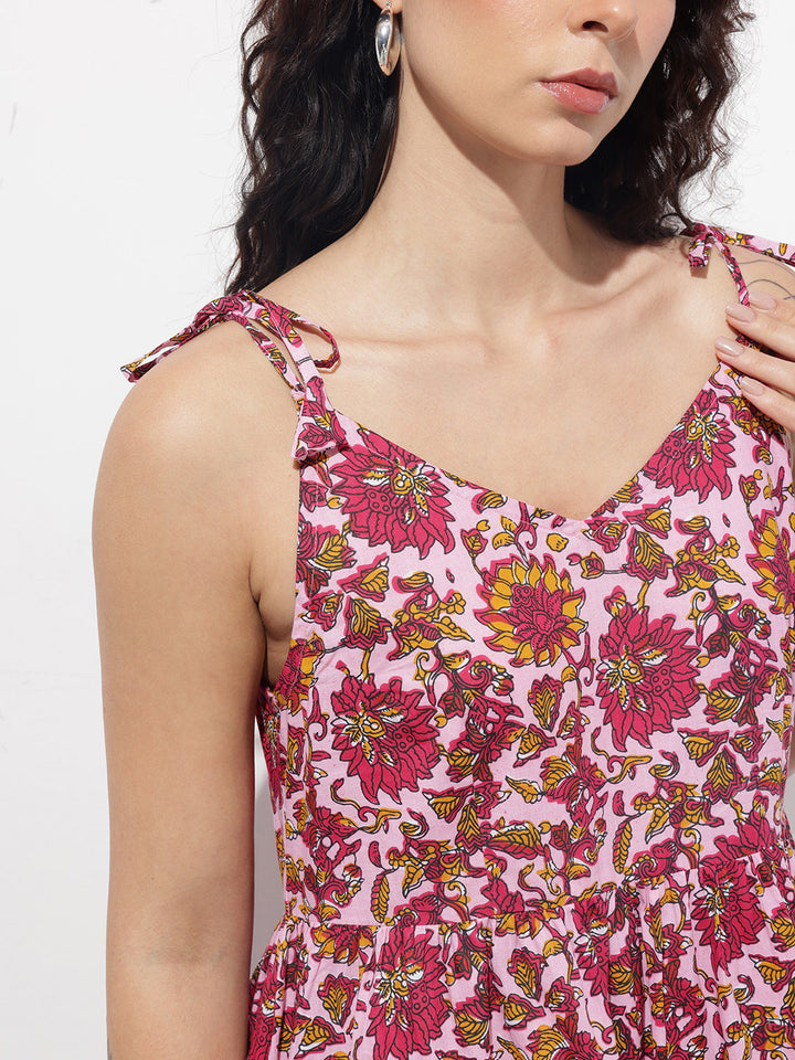 Divena Pink Shoulder Strapes Fit & Flared Cotton Dress