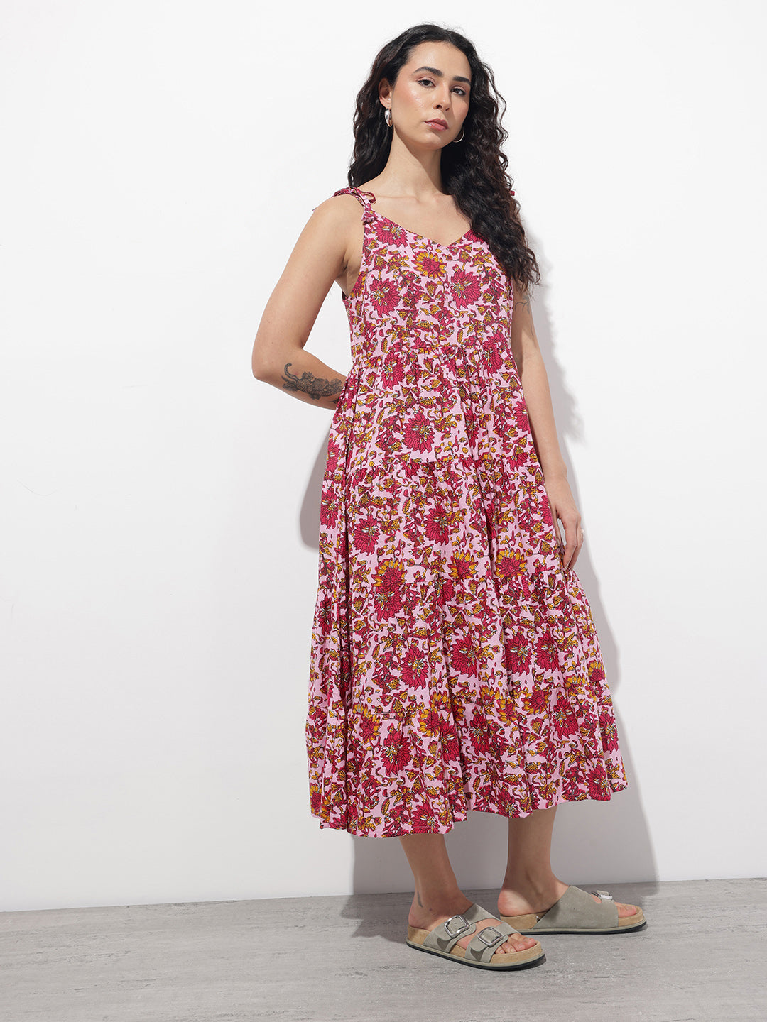Divena Pink Shoulder Strapes Fit & Flared Cotton Dress