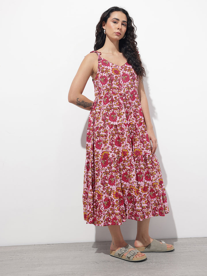 Divena Pink Shoulder Strapes Fit & Flared Cotton Dress