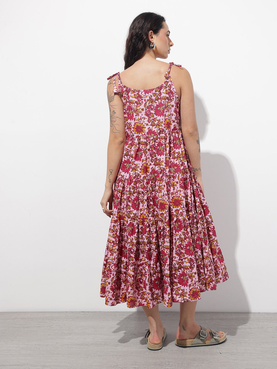 Divena Pink Shoulder Strapes Fit & Flared Cotton Dress