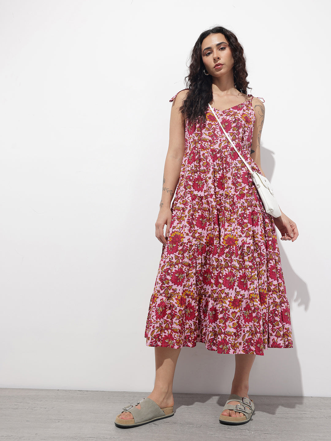 Divena Pink Shoulder Strapes Fit & Flared Cotton Dress