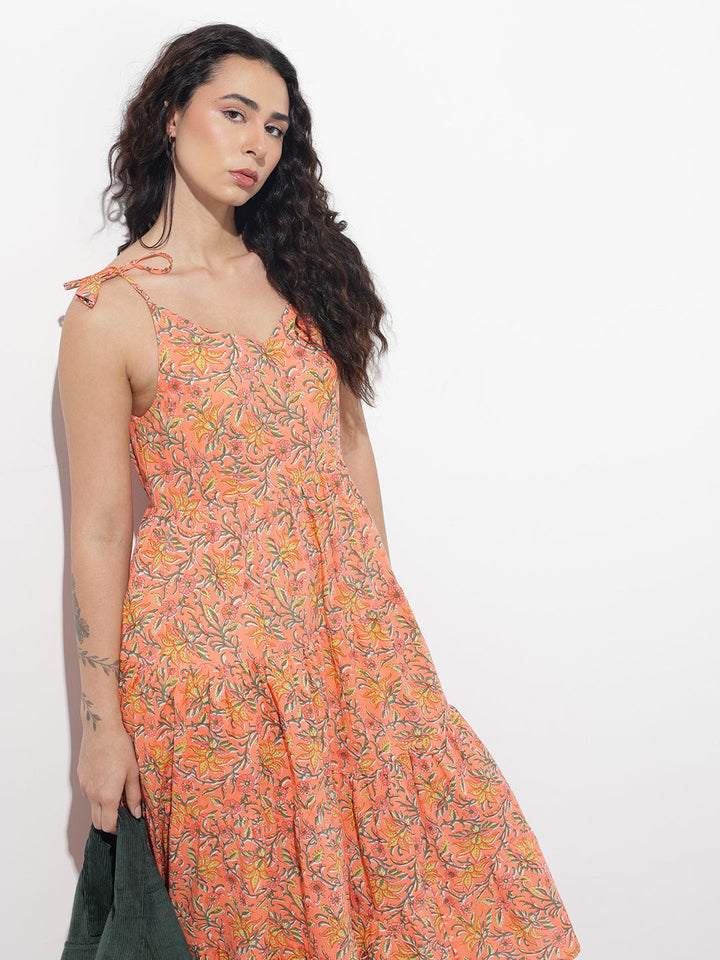 Divena Orange Shoulder Strapes Fit & Flared Cotton Dress