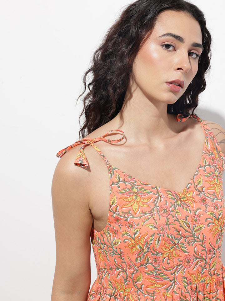 Divena Orange Shoulder Strapes Fit & Flared Cotton Dress