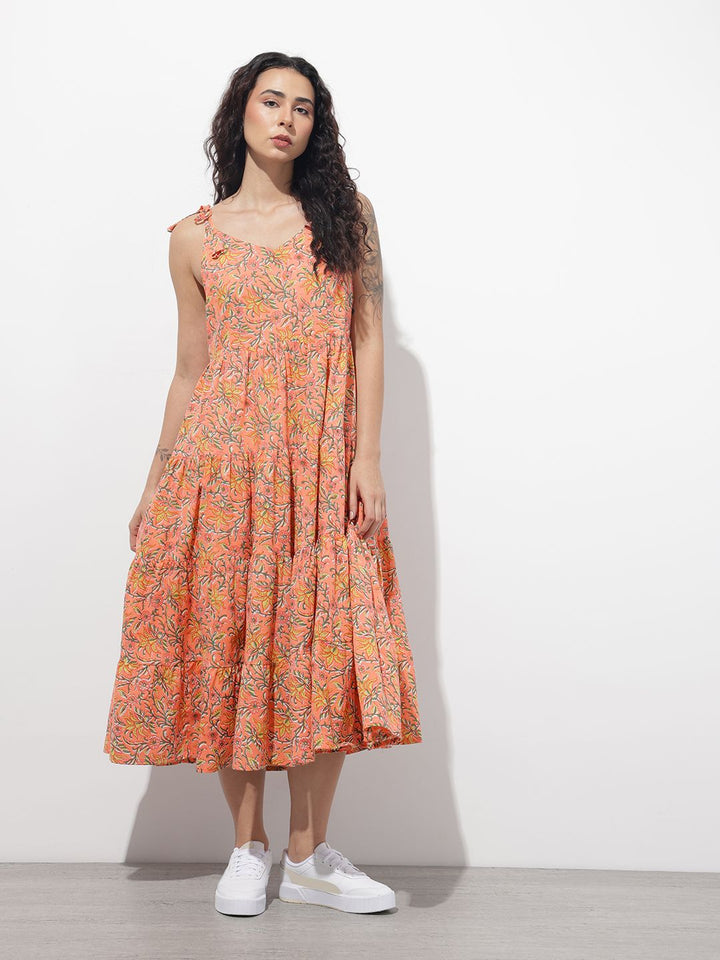 Divena Orange Shoulder Strapes Fit & Flared Cotton Dress