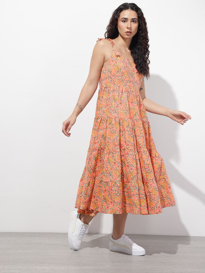 Divena Orange Shoulder Strapes Fit & Flared Cotton Dress