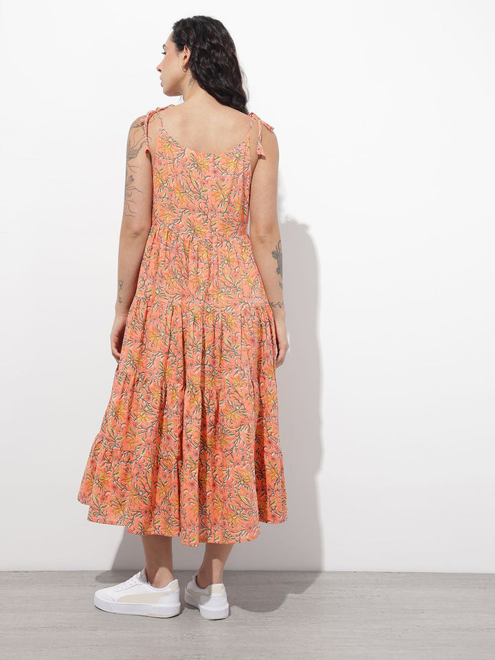 Divena Orange Shoulder Strapes Fit & Flared Cotton Dress
